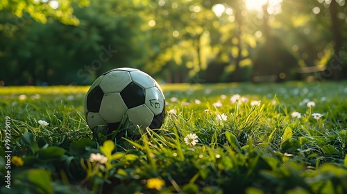 A soccer ball rests on the green grass of an outdoor field  bathed in sunlight filtering through the trees.