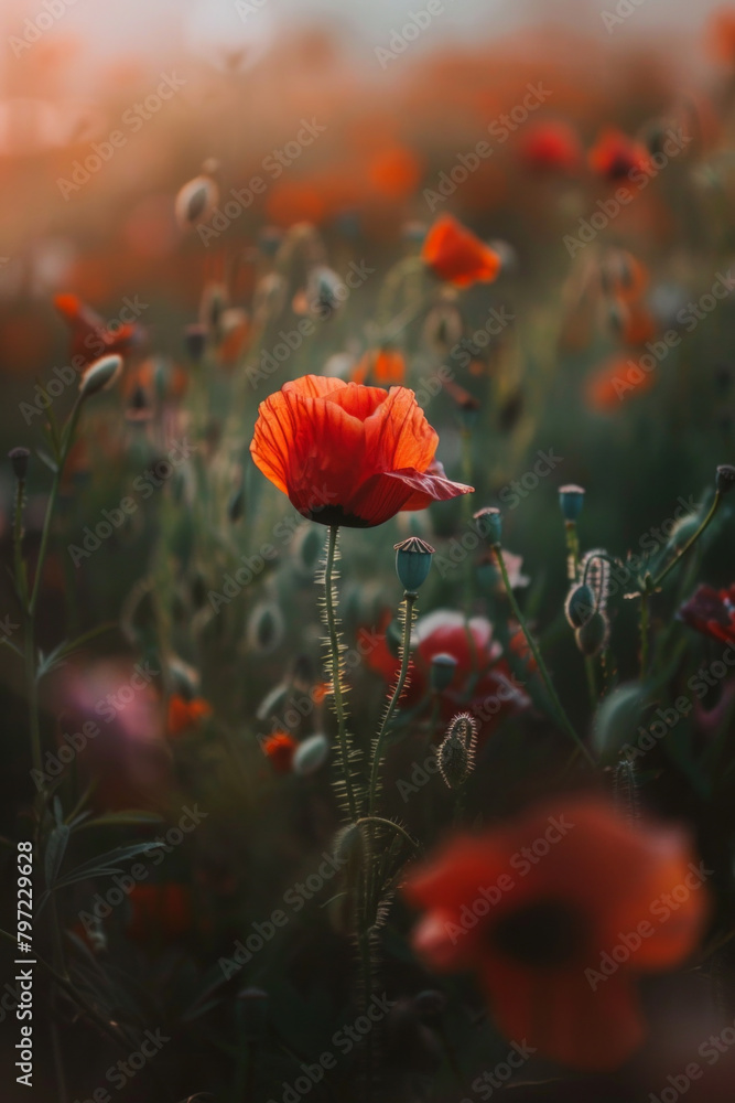 Obraz premium A vibrant red poppy flower stands out against the soft glow of an orange sunset, with other flowers in the soft blurry focused background creating a dreamy and ethereal atmosphere. 