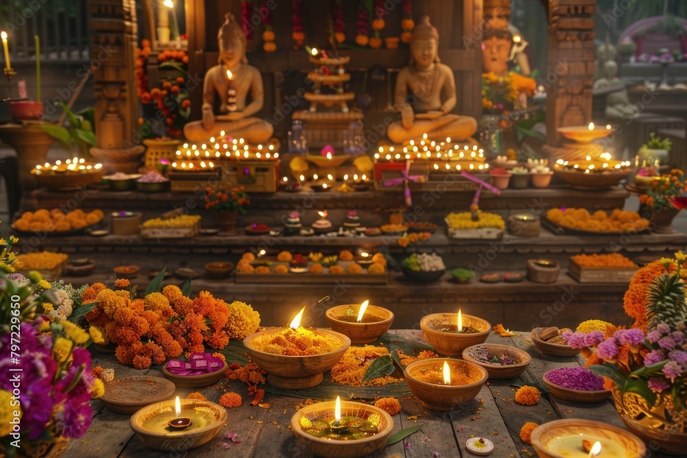 vibrant Diwali celebration in a rustic wooden setting, featuring wooden diyas, intricate rangoli, trays of sweets, and statues of Hindu gods and goddesses vibrant Diwali celebration in a rustic wooden setting, featuring wooden diyas, intricate rangoli, trays of sweets, and statues of Hindu gods and goddesses