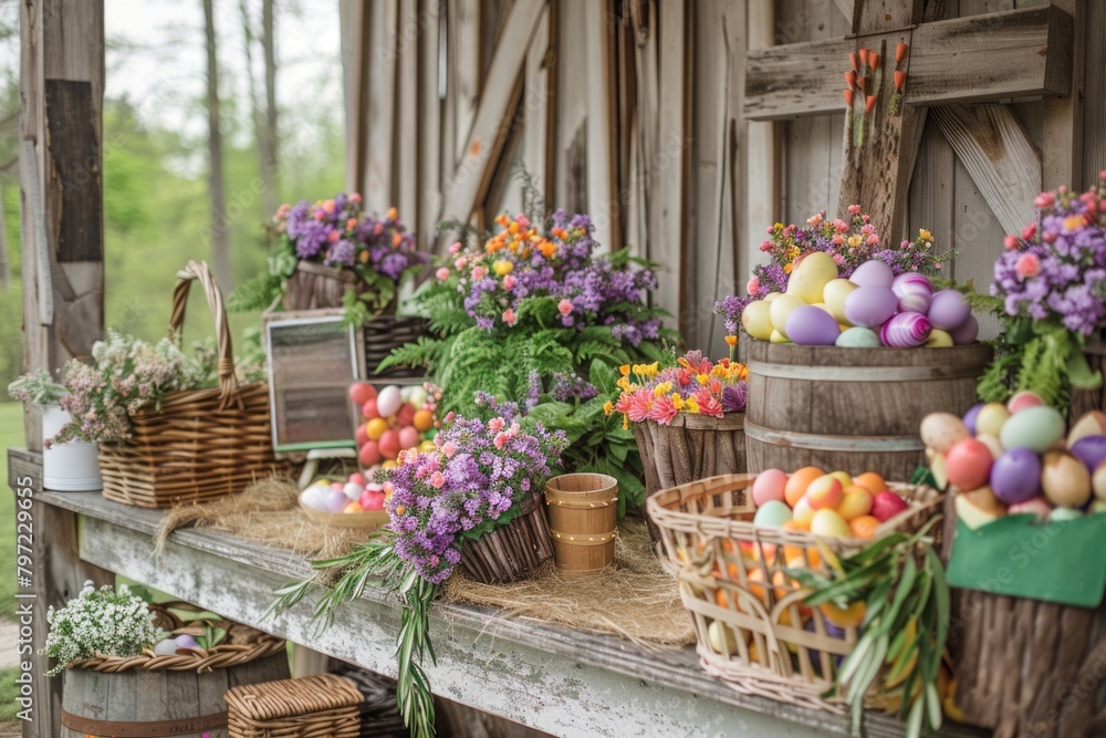 Rustic Easter arrangement with colorful eggs and fresh spring flowers against wood