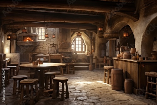 Medieval tavern architecture furniture building.