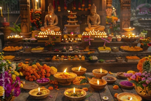 vibrant Diwali celebration in a rustic wooden setting, featuring wooden diyas, intricate rangoli, trays of sweets, and statues of Hindu gods and goddesses © P