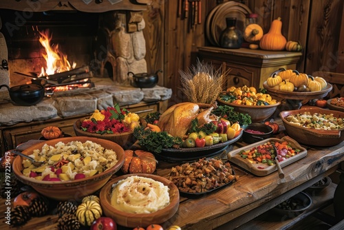 Traditional Thanksgiving dinner spread on rustic table with turkey and autumn decor