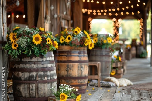 Rustic Wedding Decor with Sunflowers on Wooden Barrels, String Lights, and Barn Background