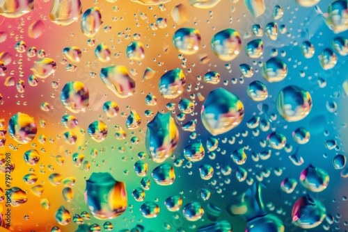 Vibrant painting of water droplets with a rainbow background. Captivating artistry and vivid colors.