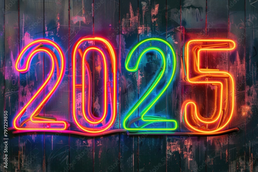 Neon 2025 Sign Glowing Vividly Against a Grungy Urban Wall, Symbolizing the New Year Neon 2025 Sign Glowing Vividly Against a Grungy Urban Wall, Symbolizing the New Year