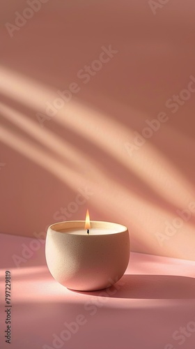 A beautiful scented candle with a flame dancing gently over scented wax. Minimalist design and elegance sail around ample copy space.