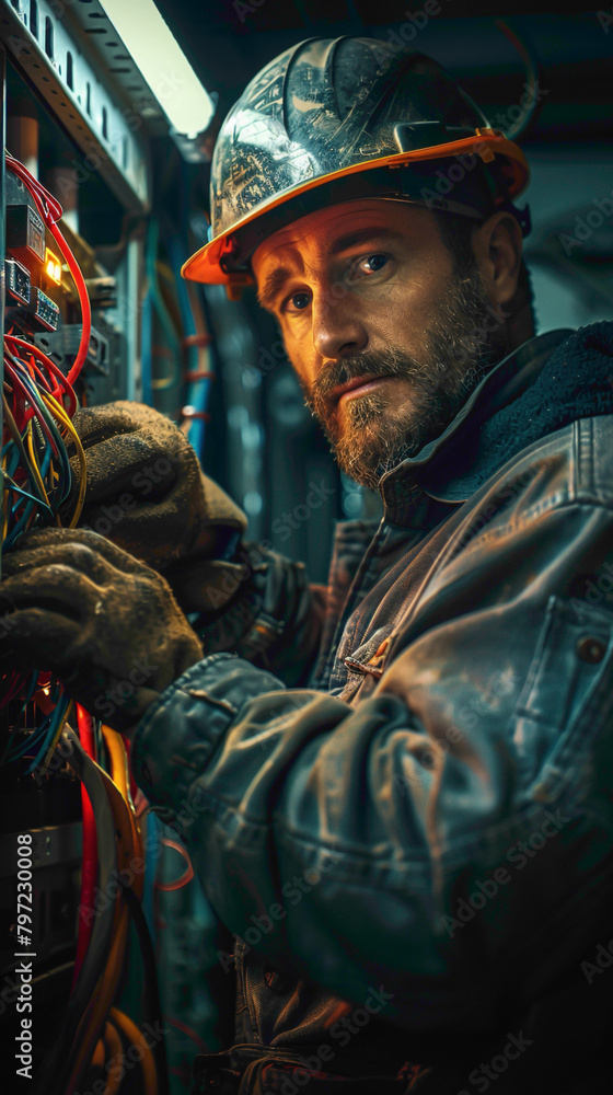 An Electrician Installing, repairing, and maintaining electrical wiring, fixtures, and equipment in residential, commercial, or industrial settings, realistic people photography