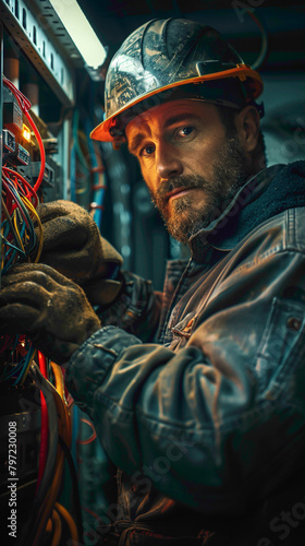 An Electrician Installing, repairing, and maintaining electrical wiring, fixtures, and equipment in residential, commercial, or industrial settings, realistic people photography
