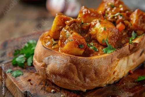 Iconic Bunny Chow presented on a wooden backdrop, featuring a bread loaf filled with spicy curry. photo