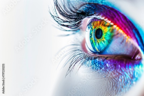 Colorful eye with a captivating rainbow-colored iris. An artistic portrayal of vibrant sight and inner radiance.