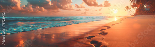 Footprints on a tropical beach at sunset, perfect for summer vacation and travel concepts.