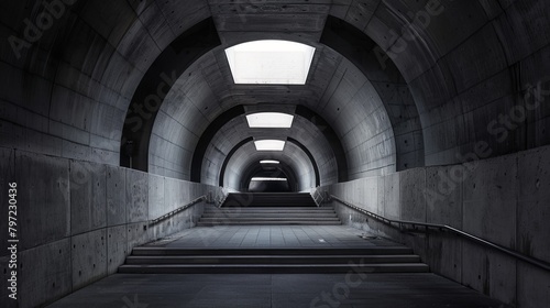 Stark urban symmetry underbridge with simple architecture, top down view, dramatic lighting