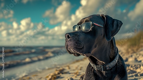 A Black Great Dane In Sunglasses on a Sunny Beach (ID: 797230440)