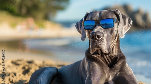 A Black Great Dane relaxing on a Southern California beach in sunglasses (ID: 797230480)