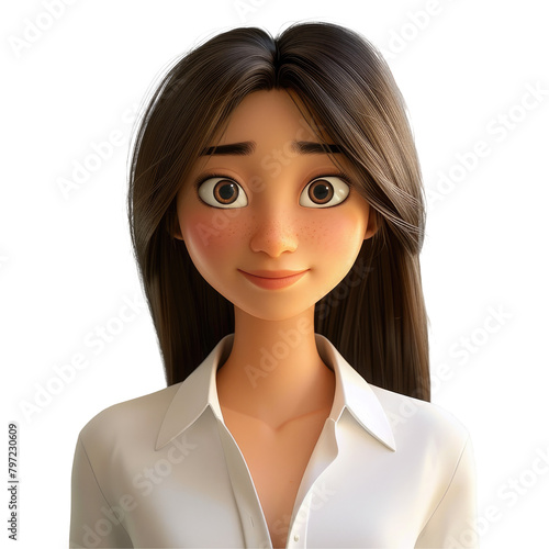 A biometric passport photo showcases a captivating Asian cartoon character with a flawless natural complexion She is donning a white shirt complemented by her luscious brown hair photo