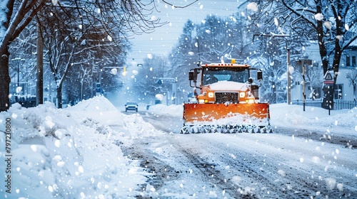 A snowplow or snow plow working to remove snow from a road after a winter storm. Winter road clearing