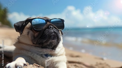 Pug dog days of summer with sunglasses on the beach photo