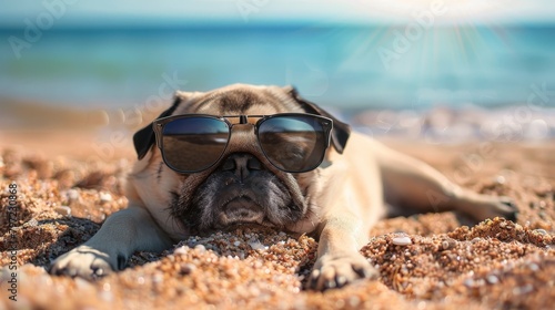 Pug dog day at the beach on a sunny beautiful day photo