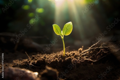 Small growing plant in soil with a ray of sunshine outdoors nature leaf. photo