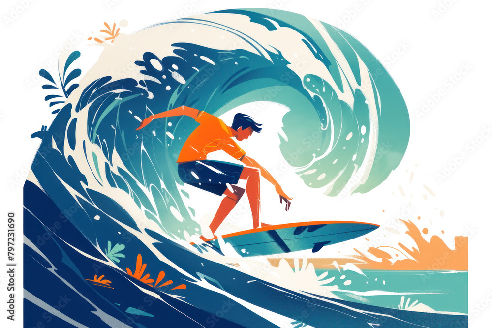 Orange illustration of a surfer catching and riding the ocean wave Orange illustration of a surfer catching and riding the ocean wave