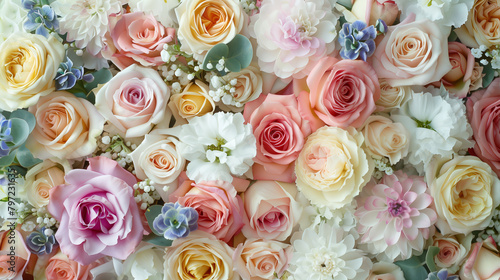 a gorgeous bouquet of garden roses of different varieties in a delicate light peach color scheme with purple notes