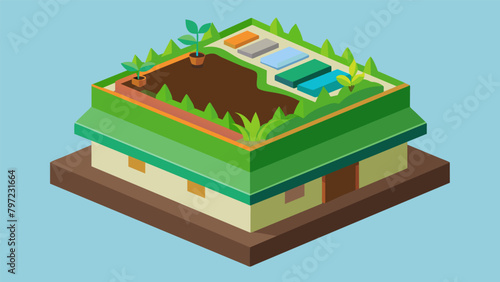 An upclose view of a green roof showcasing the intricate layers of soil plants and drainage systems all working together to insulate the
