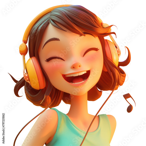 A joyous stylized cartoon girl beams brightly as she loses herself in the music pulsating through her headphones delighting in the uplifting melodies photo