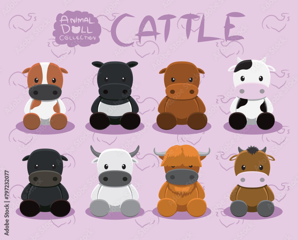 Fototapeta premium Animal Dolls Cow Cattle Ox Set Cartoon Vector Illustration