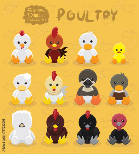 Animal Dolls Chicken Duck Poultry Set Cartoon Vector Illustration
