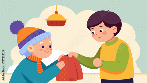A young boy enthusiastically tries on a handknitted hat while the elderly seller fondly recalls memories of her own grandson and how she began. Vector illustration