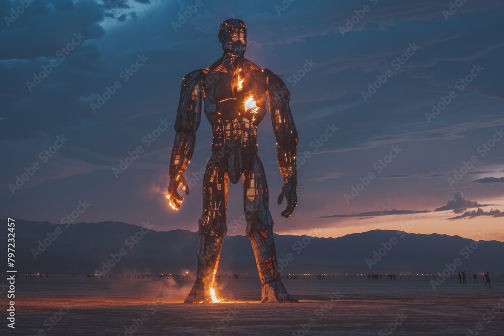 An isolated burning giant wooden human figure in the middle of a desert during dusk 