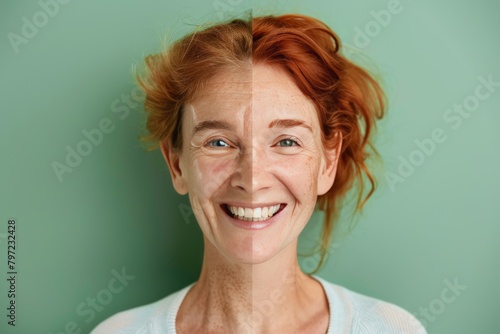 Halves of skin visualize care formula differences in split health views, juxtaposing facial wrinkle contrasts and visual side-by-side age healthy aging maintenance.