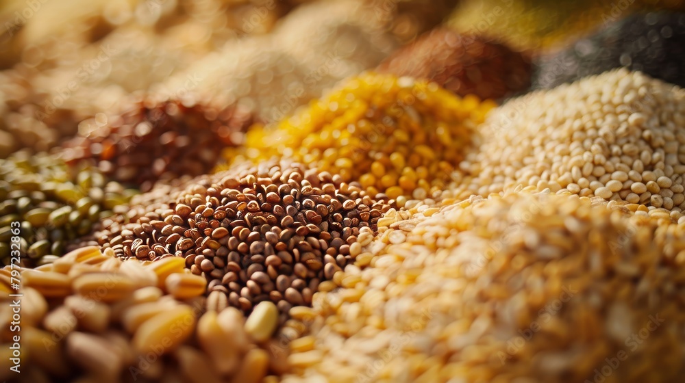 Wholesome image of a variety of grains like barley, bulgur, and oats, emphasizing their nutritional value, perfect for health-centric ads, isolated, studio lighting Wholesome image of a variety of grains like barley, bulgur, and oats, emphasizing their nutritional value, perfect for health-centric ads, isolated, studio lighting