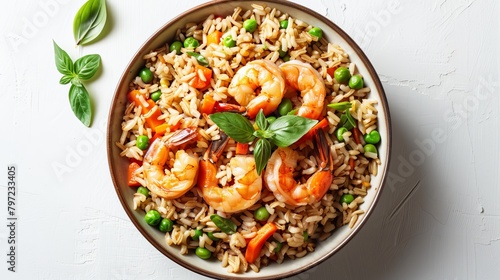 Wholesome fried rice featuring brown rice, vibrant vegetables like peas and carrots, and lean shrimp, minimally cooked with sesame oil, top view, isolated background