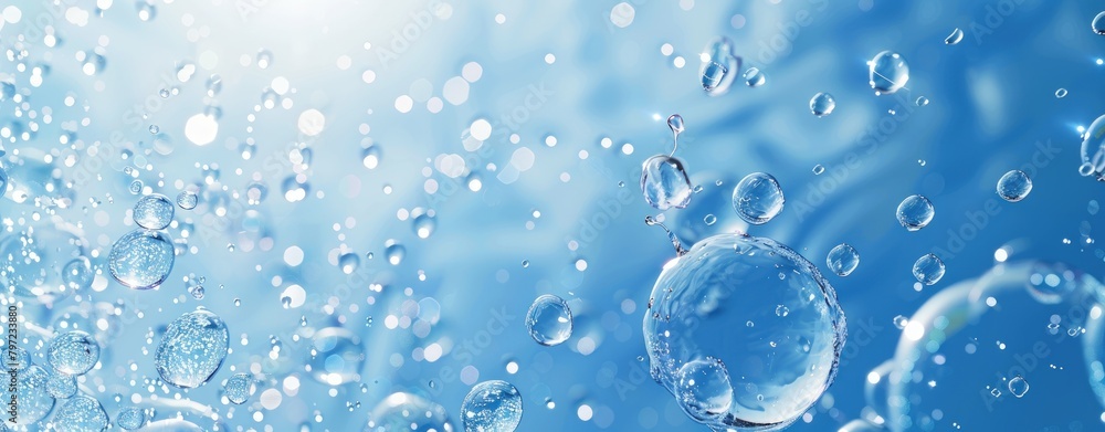 3D rendering of water bubbles floating in a blue background. Generate AI image 3D rendering of water bubbles floating in a blue background. Generate AI image