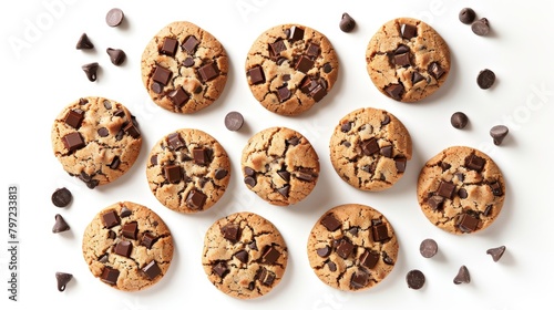 Wholesome chocolate chip cookies from above, made with fiber-rich flours and dark chocolate, sugar-cut recipe, on an isolated white background