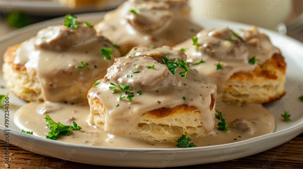 Wholesome biscuits with sausage gravy, made healthier with whole wheat, turkey sausage, and low-fat milk gravy, studio lighting, isolated backdrop Wholesome biscuits with sausage gravy, made healthier with whole wheat, turkey sausage, and low-fat milk gravy, studio lighting, isolated backdrop