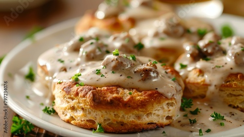 Wholesome biscuits with sausage gravy  made healthier with whole wheat  turkey sausage  and low-fat milk gravy  studio lighting  isolated backdrop