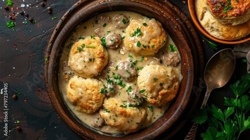 Visually appealing top view of Biscuits and Sausage Gravy, healthier choices with whole wheat, turkey sausage, and less oil in the gravy, isolated, studio light