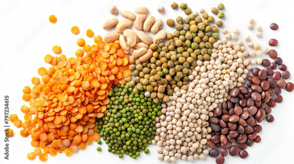 Vibrant top view of assorted legumes, featuring lentils, chickpeas, and various beans, emphasizing high fiber and nutrients, isolated setting, studio lighting Vibrant top view of assorted legumes, featuring lentils, chickpeas, and various beans, emphasizing high fiber and nutrients, isolated setting, studio lighting