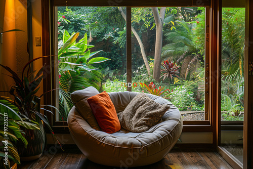 A cozy alcove featuring a modern sofa chair nestled beside a window overlooking a lush garden, offering a peaceful spot for relaxation and contemplation. © Ateeq