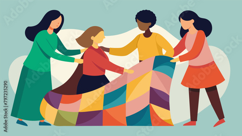 Some of the women offer to help each other finish their quilts forming a network of support and friendship.. Vector illustration