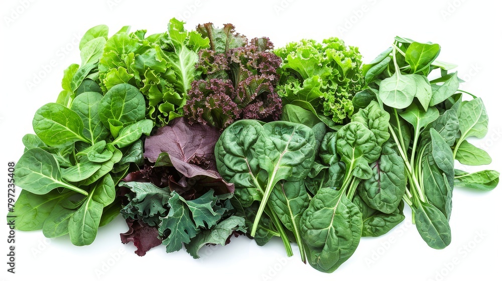 Vibrant display of healthy leafy greens like spinach, kale, and arugula, showcasing their lush textures and deep colors, packed with antioxidants, isolated setting Vibrant display of healthy leafy greens like spinach, kale, and arugula, showcasing their lush textures and deep colors, packed with antioxidants, isolated setting