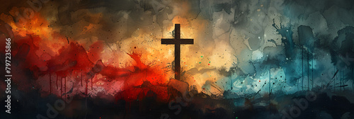 cross in the night, Cross of Christ in Abstract Watercolor Painting