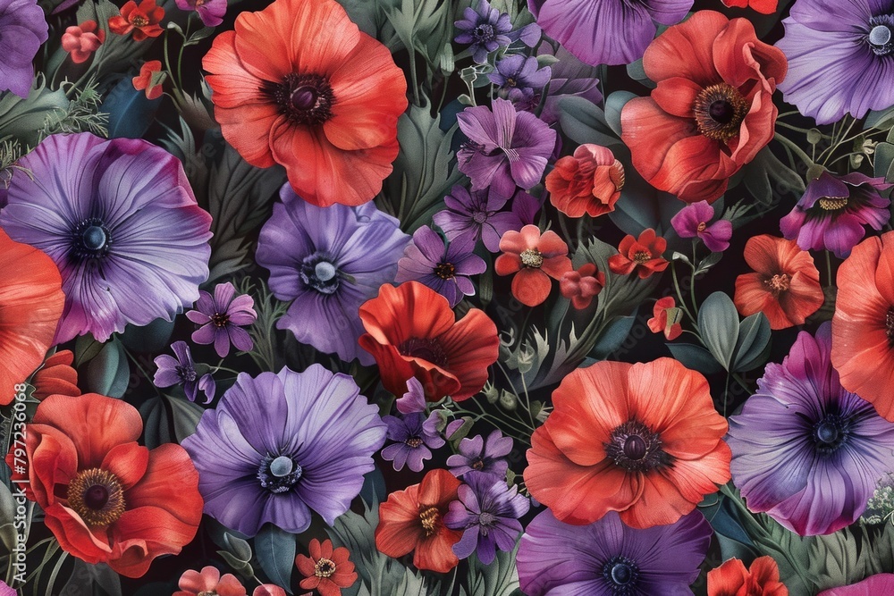 A colorful flowery pattern with purple and red flowers A colorful flowery pattern with purple and red flowers