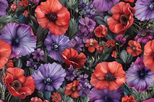 A colorful flowery pattern with purple and red flowers