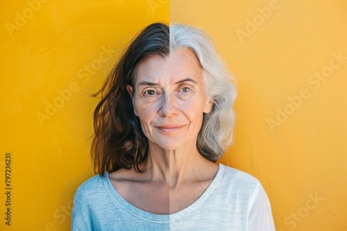 Creaming skin signs in aging skincare solutions, aging stage portraits depicting aging restorations, mentally and physically healthying through skin barrier enhancements. photo