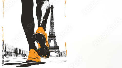 Orange illustration of woman legs running sport at eiffel tower paris