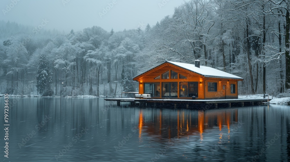 Cozy lakeside cabin in snowy winter landscape